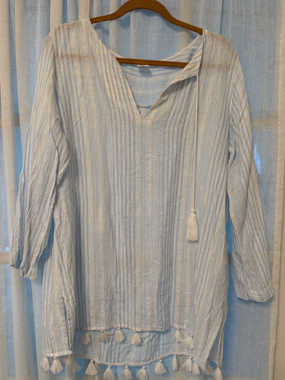 C&C California Light Blue and White Striped Tassel Swim Coverup